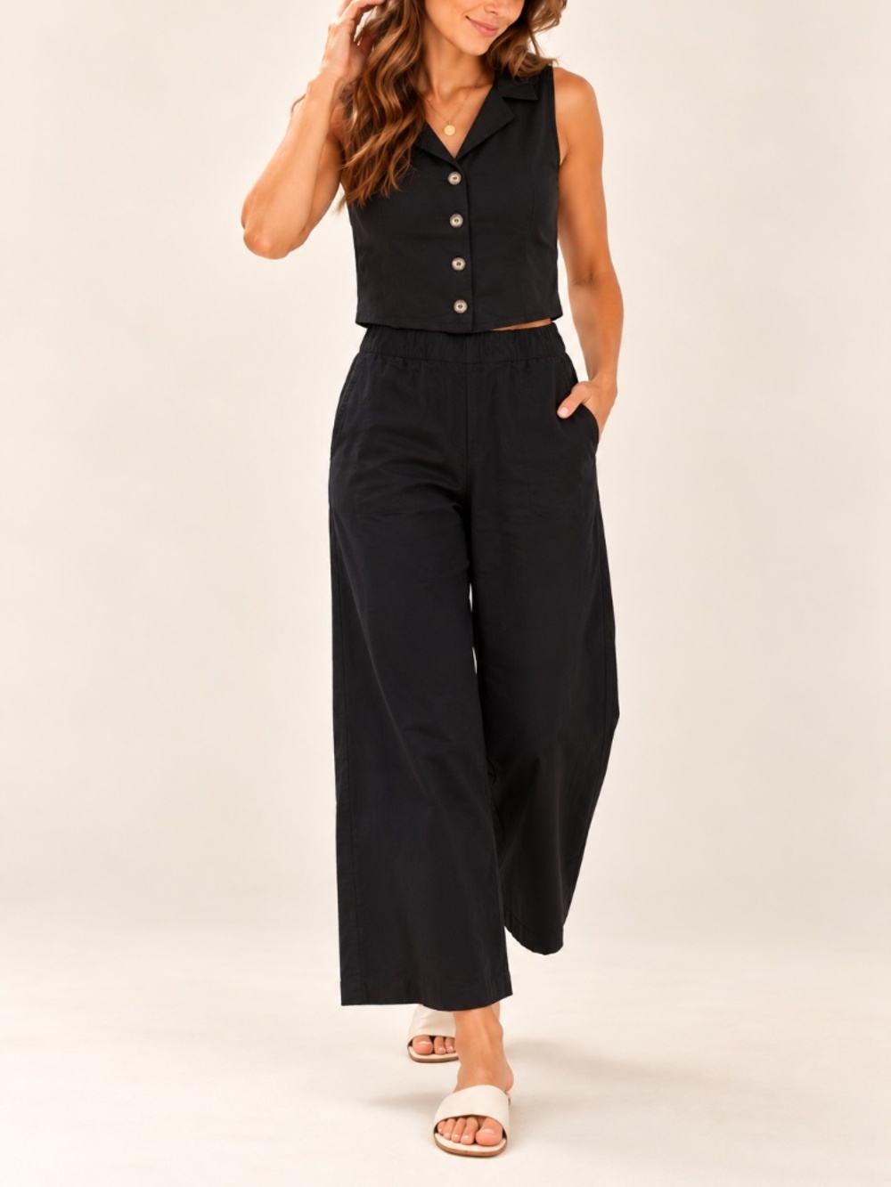Mango MNG Black Two Piece Crop Vest Wide Leg Pants Matching Set